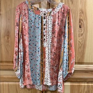 Como Blu Floral Bohemian Cottagecore Timeless Half Button Down Women's Top Sz XL